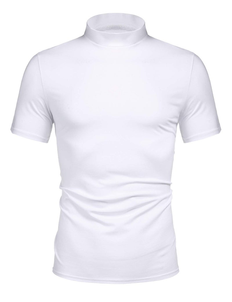 Poriff Mens Classic Fashion Slim Fit Lightweight Solid Color Short Sleeve Turtle-Neck T-Shirt White XL - Image 2